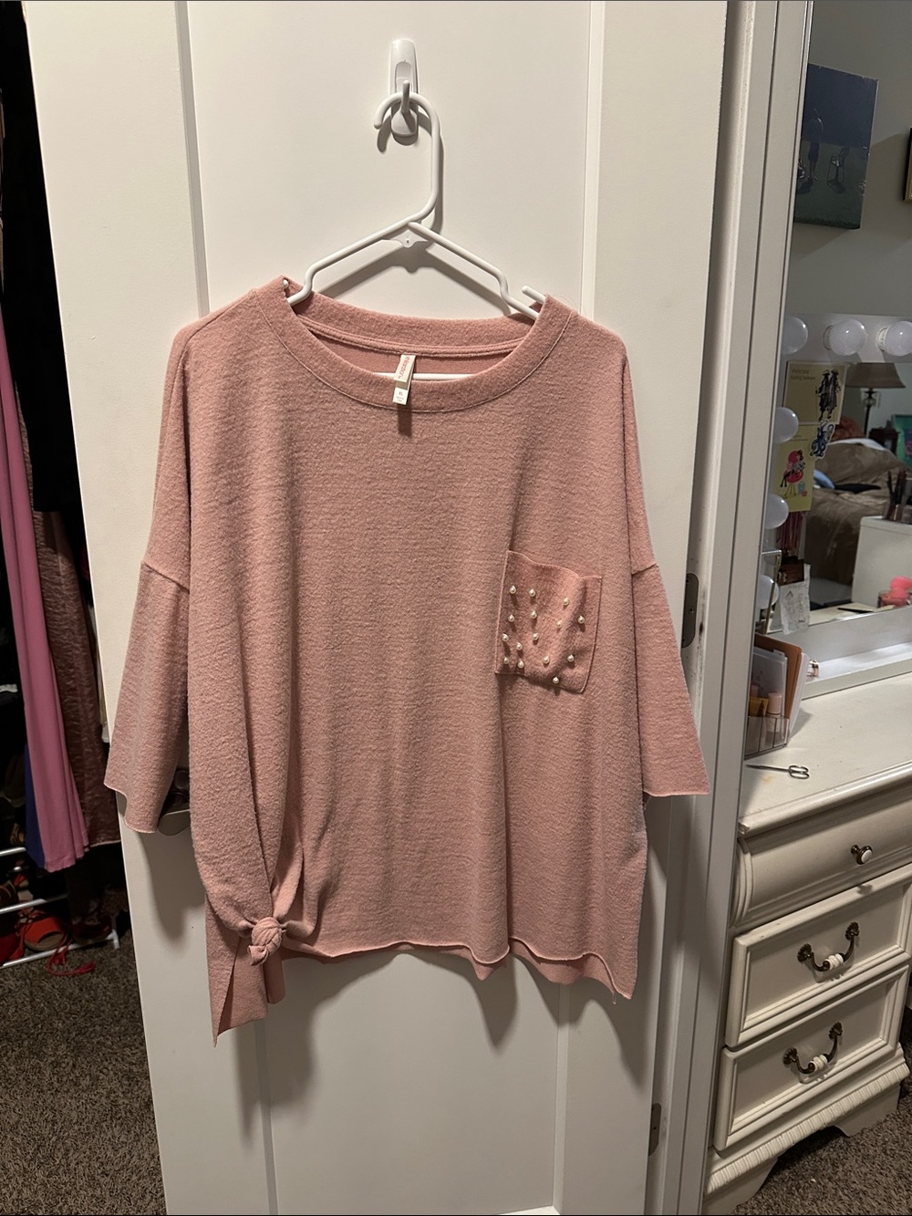 Xhilaration Pearl-Pocket Side-Knot Knit Top - Blush Pink